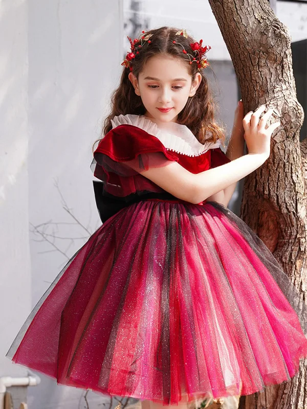 Chic / Beautiful Burgundy Flower Girl Dresses 2019 Ball Gown Scoop Neck Short Sleeve Bow Glitter Tulle Short Ruffle Wedding Party Dresses