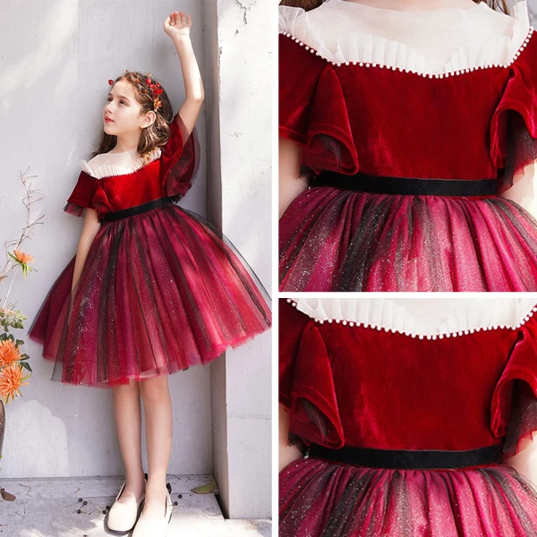 Chic / Beautiful Burgundy Flower Girl Dresses 2019 Ball Gown Scoop Neck Short Sleeve Bow Glitter Tulle Short Ruffle Wedding Party Dresses
