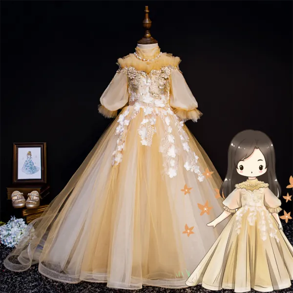 Vintage / Retro Gold Flower Girl Dresses 2019 Princess High Neck Puffy 1/2 Sleeves Appliques Lace Beading Pearl Rhinestone Court Train Ruffle Wedding Party Dresses