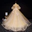 Vintage / Retro Gold Flower Girl Dresses 2019 Princess High Neck Puffy 1/2 Sleeves Appliques Lace Beading Pearl Rhinestone Court Train Ruffle Wedding Party Dresses