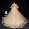 Vintage / Retro Gold Flower Girl Dresses 2019 Princess High Neck Puffy 1/2 Sleeves Appliques Lace Beading Pearl Rhinestone Court Train Ruffle Wedding Party Dresses
