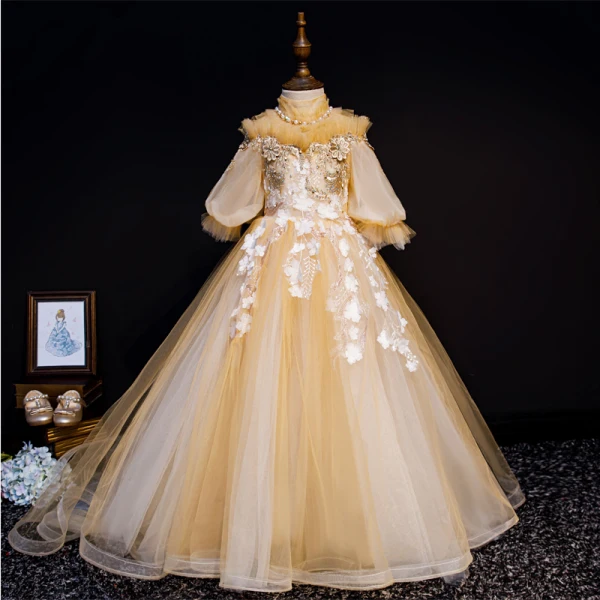Vintage / Retro Gold Flower Girl Dresses 2019 Princess High Neck Puffy 1/2 Sleeves Appliques Lace Beading Pearl Rhinestone Court Train Ruffle Wedding Party Dresses