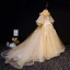 Vintage / Retro Gold Flower Girl Dresses 2019 Princess High Neck Puffy 1/2 Sleeves Appliques Lace Beading Pearl Rhinestone Court Train Ruffle Wedding Party Dresses