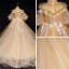 Vintage / Retro Gold Flower Girl Dresses 2019 Princess High Neck Puffy 1/2 Sleeves Appliques Lace Beading Pearl Rhinestone Court Train Ruffle Wedding Party Dresses