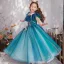 Chic / Belle Bleu D'encre Robe Ceremonie Fille 2019 Princesse De l'épaule Manches Courtes Appliques En Dentelle Perle Longue Volants Dos Nu Robe Pour Mariage