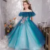 Chic / Beautiful Ink Blue Flower Girl Dresses 2019 Princess Off-The-Shoulder Short Sleeve Appliques Lace Pearl Floor-Length / Long Ruffle Backless Wedding Party Dresses