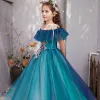 Chic / Beautiful Ink Blue Flower Girl Dresses 2019 Princess Off-The-Shoulder Short Sleeve Appliques Lace Pearl Floor-Length / Long Ruffle Backless Wedding Party Dresses