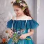 Chic / Belle Bleu D'encre Robe Ceremonie Fille 2019 Princesse De l'épaule Manches Courtes Appliques En Dentelle Perle Longue Volants Dos Nu Robe Pour Mariage