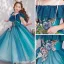 Chic / Belle Bleu D'encre Robe Ceremonie Fille 2019 Princesse De l'épaule Manches Courtes Appliques En Dentelle Perle Longue Volants Dos Nu Robe Pour Mariage