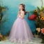 Chic / Beautiful Lavender See-through Flower Girl Dresses 2019 Ball Gown V-Neck Sleeveless Appliques Lace Pearl Floor-Length / Long Ruffle Wedding Party Dresses