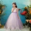 Chic / Beautiful Lavender See-through Flower Girl Dresses 2019 Ball Gown V-Neck Sleeveless Appliques Lace Pearl Floor-Length / Long Ruffle Wedding Party Dresses