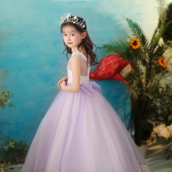 Chic / Beautiful Lavender See-through Flower Girl Dresses 2019 Ball Gown V-Neck Sleeveless Appliques Lace Pearl Floor-Length / Long Ruffle Wedding Party Dresses