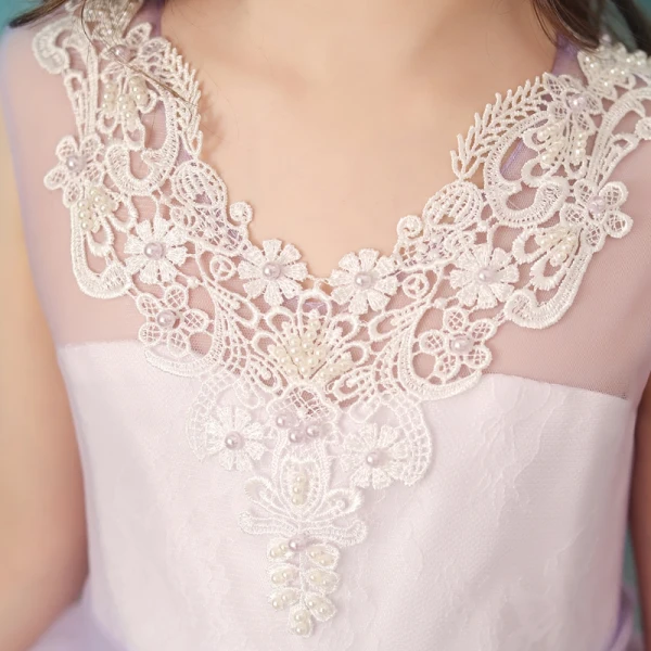Chic / Beautiful Lavender See-through Flower Girl Dresses 2019 Ball Gown V-Neck Sleeveless Appliques Lace Pearl Floor-Length / Long Ruffle Wedding Party Dresses