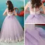 Chic / Beautiful Lavender See-through Flower Girl Dresses 2019 Ball Gown V-Neck Sleeveless Appliques Lace Pearl Floor-Length / Long Ruffle Wedding Party Dresses