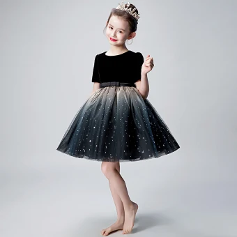 Modern Fashion Black Flower Girl Dresses 2019 Ball Gown Scoop Neck Short Sleeve Bow Sash Glitter Tulle Short Ruffle Wedding Party Dresses