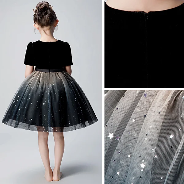 Mode Schwarz Blumenmädchenkleider 2019 Ballkleid Rundhalsausschnitt Kurze Ärmel Schleife Stoffgürtel Glanz Tülle Kurze Rüschen Kleider Für Hochzeit