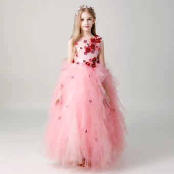 Chic Beautiful Candy Pink Flower Girl Dresses 2019 Ball Gown Scoop Neck Sleeveless Appliques Flower Floor Length Long Cascading Ruffles Wedding Party Dresses