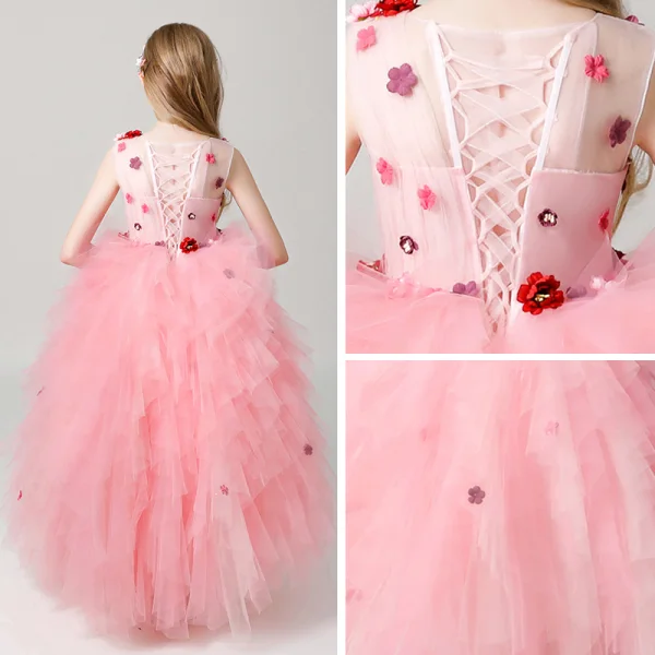 Snygga / Fina Godis Rosa Brudnäbbsklänning 2019 Balklänning Urringning Ärmlös Appliqués Blomma Långa Cascading Volanger Klänning Till Bröllop