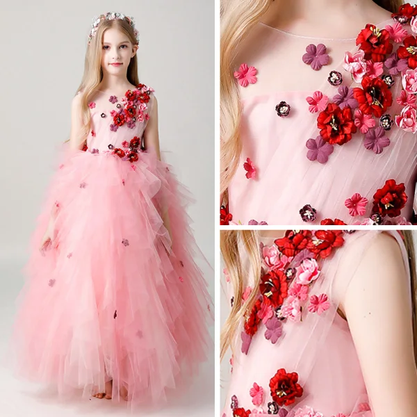 Snygga / Fina Godis Rosa Brudnäbbsklänning 2019 Balklänning Urringning Ärmlös Appliqués Blomma Långa Cascading Volanger Klänning Till Bröllop