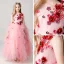 Snygga / Fina Godis Rosa Brudnäbbsklänning 2019 Balklänning Urringning Ärmlös Appliqués Blomma Långa Cascading Volanger Klänning Till Bröllop