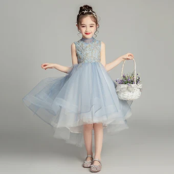 Vintage Originale Bleu Ciel Robe Ceremonie Fille 2019 Robe Boule Col Haut Sans Manches Appliques En Dentelle Perlage Asymétrique Volants Robe Pour Mariage
