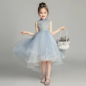 Vintage Azul Cielo Vestidos Para Niñas 2019 Ball Gown Cuello Alto Sin Mangas Apliques Con Encaje Rebordear Asimétrico Ruffle Vestidos Para Bodas