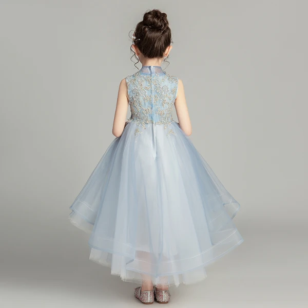 Vintage / Retro Sky Blue Flower Girl Dresses 2019 Ball Gown High Neck Sleeveless Appliques Lace Beading Asymmetrical Ruffle Wedding Party Dresses