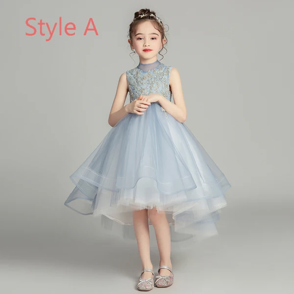 Vintage / Retro Sky Blue Flower Girl Dresses 2019 Ball Gown High Neck Sleeveless Appliques Lace Beading Asymmetrical Ruffle Wedding Party Dresses