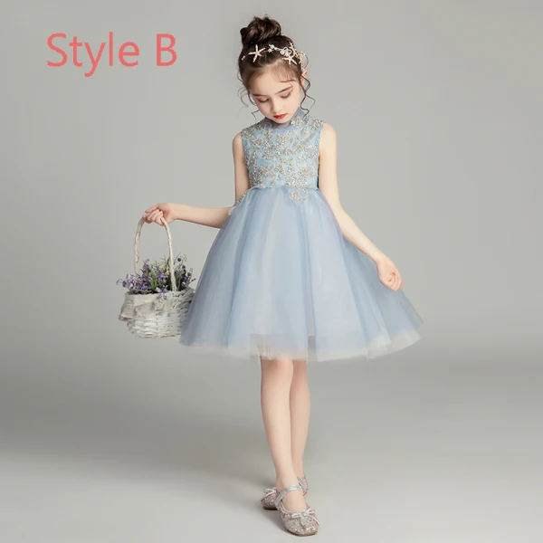 Vintage / Retro Sky Blue Flower Girl Dresses 2019 Ball Gown High Neck Sleeveless Appliques Lace Beading Asymmetrical Ruffle Wedding Party Dresses