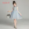 Vintage Azul Cielo Vestidos para niñas 2019 Ball Gown Cuello Alto Sin Mangas Apliques Con Encaje Rebordear Asimétrico Ruffle Vestidos para bodas