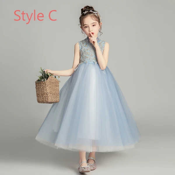 Vintage / Retro Sky Blue Flower Girl Dresses 2019 Ball Gown High Neck Sleeveless Appliques Lace Beading Asymmetrical Ruffle Wedding Party Dresses