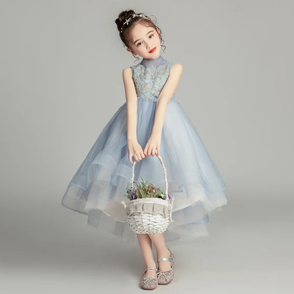 Vintage / Retro Sky Blue Flower Girl Dresses 2019 Ball Gown High Neck Sleeveless Appliques Lace Beading Asymmetrical Ruffle Wedding Party Dresses