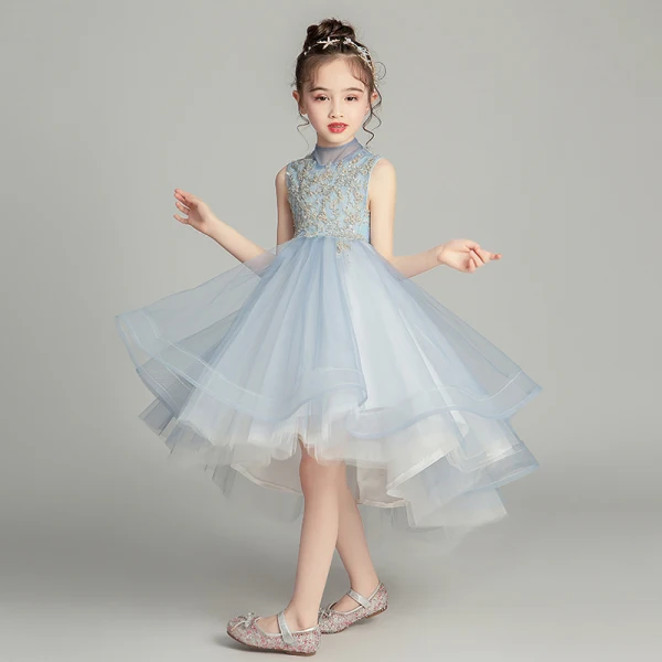 Vintage / Retro Sky Blue Flower Girl Dresses 2019 Ball Gown High Neck Sleeveless Appliques Lace Beading Asymmetrical Ruffle Wedding Party Dresses