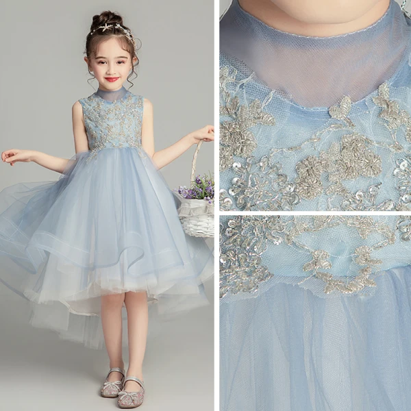 Vintage / Retro Sky Blue Flower Girl Dresses 2019 Ball Gown High Neck Sleeveless Appliques Lace Beading Asymmetrical Ruffle Wedding Party Dresses