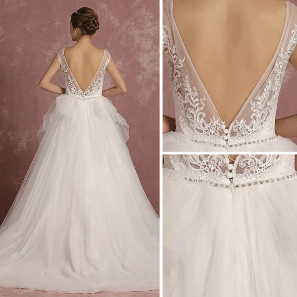 Élégant Ivoire Robe De Mariée 2018 Princesse Encolure Carrée Sans Manches Dos Nu Appliques En Dentelle Faux Diamant Ceinture Tribunal Train