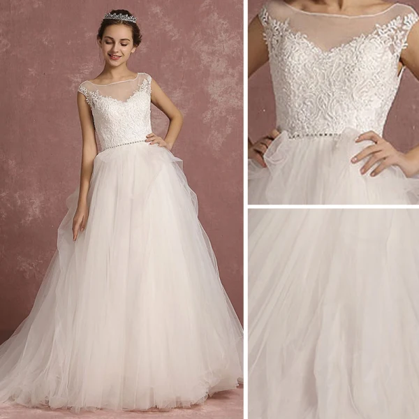 Élégant Ivoire Robe De Mariée 2018 Princesse Encolure Carrée Sans Manches Dos Nu Appliques En Dentelle Faux Diamant Ceinture Tribunal Train