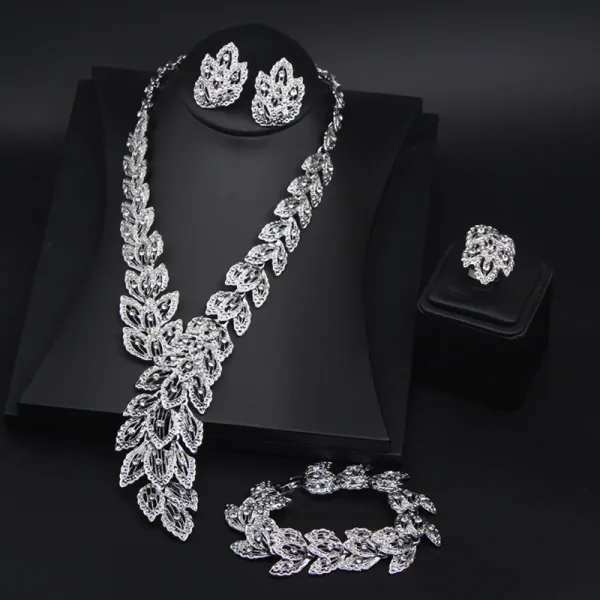 Übertriebene Silber Abend Strass Halsketten Ohrringe Ringe Armbänder 2023 Brautaccessoires