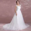 Elegant White Wedding Dresses 2018 A-Line / Princess Scoop Neck Sleeveless Backless Appliques Lace Rhinestone Sash Court Train
