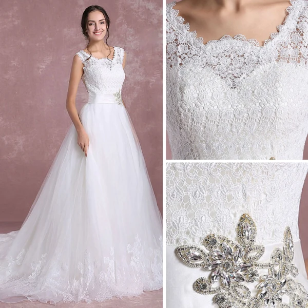 Elegante Weiß Brautkleider 2018 A Linie Rundhalsausschnitt Ärmellos Rückenfreies Applikationen Mit Spitze Strass Stoffgürtel Hof-Schleppe