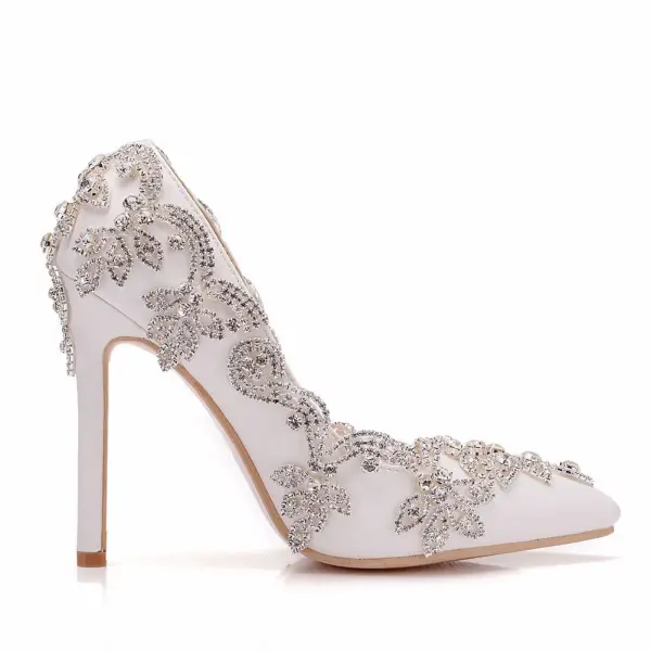 Elegante Witte Rhinestone Spitse Neus Bruidsschoenen 2025 Huwelijk 11 cm Naaldhakken / Stiletto Pumps Hoge Hakken