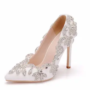 Elegant White Rhinestone Pointed Toe Wedding Shoes 2025 Wedding 11 Cm Stiletto Heels Pumps High Heels