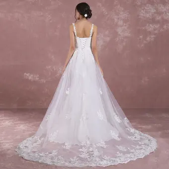 Eleganckie Białe Suknie Ślubne 2018 Princessa Plecy Bez Rękawów Bez Pleców Aplikacje Z Koronki Trenem Sąd Wzburzyć