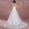 Elegant White Wedding Dresses 2018 A-Line / Princess Shoulders Sleeveless Backless Appliques Lace Court Train Ruffle
