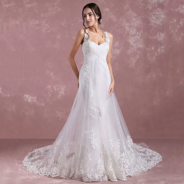 Elegant White Wedding Dresses 2018 A-Line / Princess Shoulders Sleeveless Backless Appliques Lace Court Train Ruffle