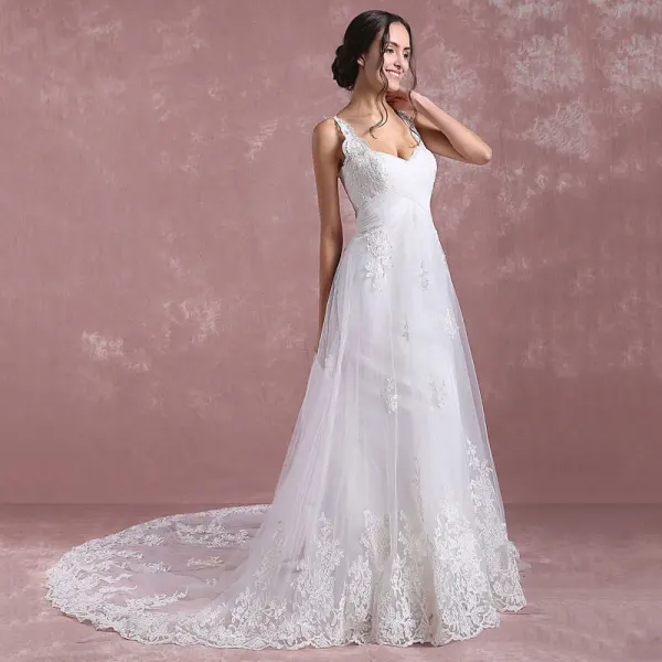 Elegant White Wedding Dresses 2018 A-Line / Princess Shoulders Sleeveless Backless Appliques Lace Court Train Ruffle