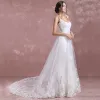 Elegant White Wedding Dresses 2018 A-Line / Princess Shoulders Sleeveless Backless Appliques Lace Court Train Ruffle