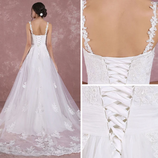 Elegant White Wedding Dresses 2018 A-Line / Princess Shoulders Sleeveless Backless Appliques Lace Court Train Ruffle