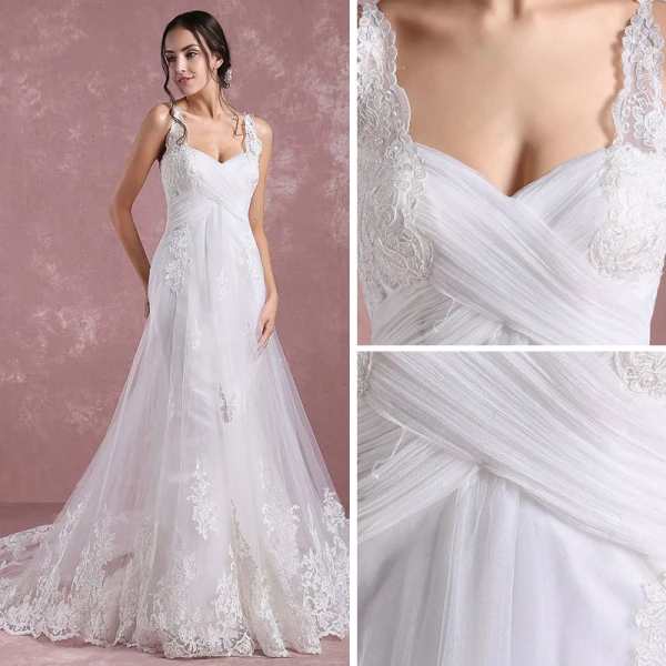 Elegant White Wedding Dresses 2018 A-Line / Princess Shoulders Sleeveless Backless Appliques Lace Court Train Ruffle