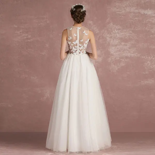 Sexy Ivory Pierced Wedding Dresses 2018 Empire Scoop Neck Sleeveless Appliques Butterfly Floor-Length / Long