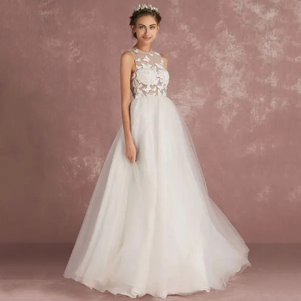 Sexy Ivory Pierced Wedding Dresses 2018 Empire Scoop Neck Sleeveless Appliques Butterfly Floor-Length / Long
